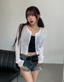 [U-BASIC] See-through Linen Ribbed Crop Cardigan