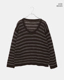 Curled Stripe Round Neck Loose Fit Long Sleeve Knit