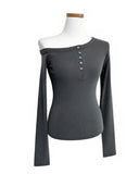 Tees Rib Button Unbalance Shoulder Long Sleeve
