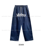 lettering denim wide banding pants