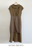 Foven Cowl Neck Wrinkle Banding Wrap Long One Piece
