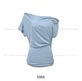 Drape Shirring Unbalance Off-Shoulder T-Shirt