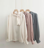 Luan Satin Pintuck Pearl Tie Blouse