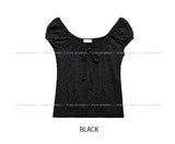 Dot Ribbon Shirring Puff Off-Shoulder Short Sleeve
