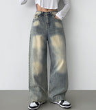 Back Point Pocket Washing Wide Fit Denim Pants