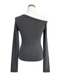 Tees Rib Button Unbalance Shoulder Long Sleeve