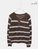Tsen Stripe Button Henley Neck Long Sleeve Knit