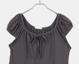 Aceh Dot Shirring Ribbon Cap Sleeve Short Sleeve T-Shirt