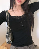[MADE] Newbe Lace Point Button Ribbed Long Sleeve T-Shirt