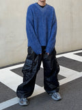 Glossy padded diagonal cargo pants
