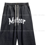 lettering denim wide banding pants
