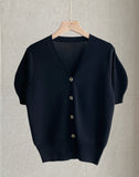Elnia V-neck Puff Knit Cardigan H-Line Skirt Set