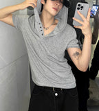 Henley Neck Hood Short Sleeve Sleeve