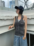 STRIPE SHIRRING HALTER TOP