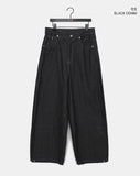 Lemming Stripe Big Pocket Snap Button Denim Wide Long Pants