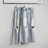 Destroyed Jeans Pleated Side Pin Tuck Balloon Wide Fit Pants