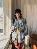 Cross vintage printing two way hoodie zip-up