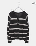 Tsen Stripe Button Henley Neck Long Sleeve Knit