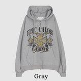 Cross vintage printing two way hoodie zip-up
