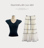 Senne V-neck Sleeveless Knit Lace Tiered Skirt Set