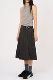 Belted pleated denim midi skirt