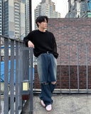 Ripper washed wide denim pants