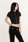 Hole shirring eyelet zip-up crop shirt