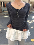 Rube Stripe V-Neck Button Long Sleeve T-Shirt