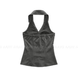 STRIPE SHIRRING HALTER TOP