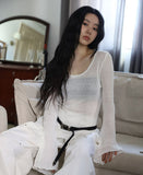 Textured Net Long Slim Knit Top