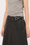 Belted pleated denim midi skirt