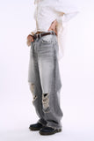 Gravel distressed wide denim pants