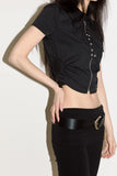Hole shirring eyelet zip-up crop shirt