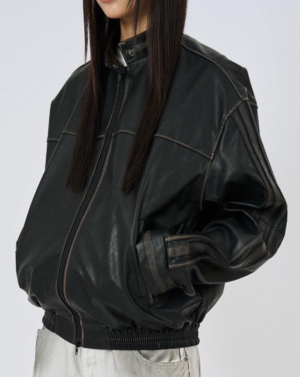 Chic washed leather track jacket