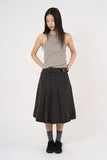 Belted pleated denim midi skirt