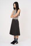 Belted pleated denim midi skirt