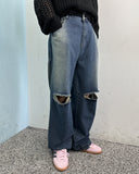 Ripper washed wide denim pants