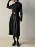 [Brushed Lining] Button mock neck strap long T-shirt