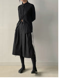 [Brushed Lining] Button mock neck strap long T-shirt