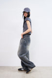 Cat sand washed balloon wide denim pants