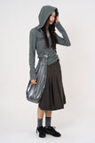 Belted pleated denim midi skirt