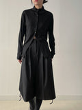 [Brushed Lining] Button mock neck strap long T-shirt