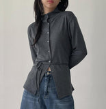 [Brushed Lining] Button mock neck strap long T-shirt