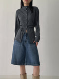 [Brushed Lining] Button mock neck strap long T-shirt
