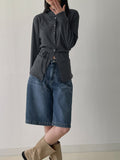 [Brushed Lining] Button mock neck strap long T-shirt