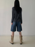 [Brushed Lining] Button mock neck strap long T-shirt