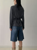 [Brushed Lining] Button mock neck strap long T-shirt