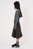 Belted pleated denim midi skirt