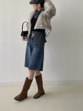 [Brushed Lining] Button mock neck strap long T-shirt