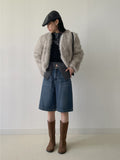 [Brushed Lining] Button mock neck strap long T-shirt